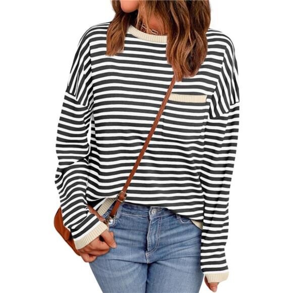 Womens Striped Soft Knit Pullover Sweater Loose Fit Shirts with Chest